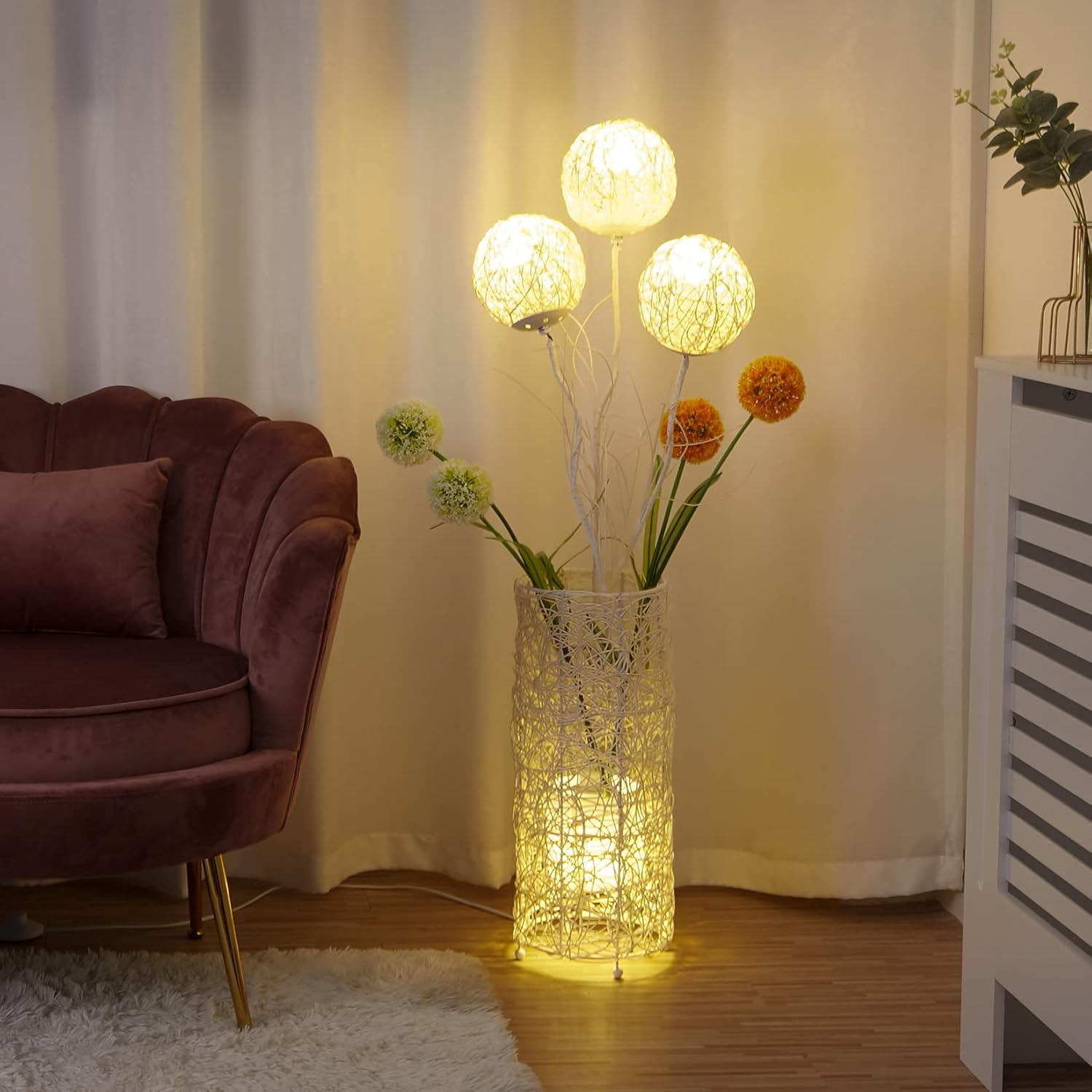 Modern Rattan Floor Lamp Natural Woven Design with Warm Ambient Lighting for Living Rooms