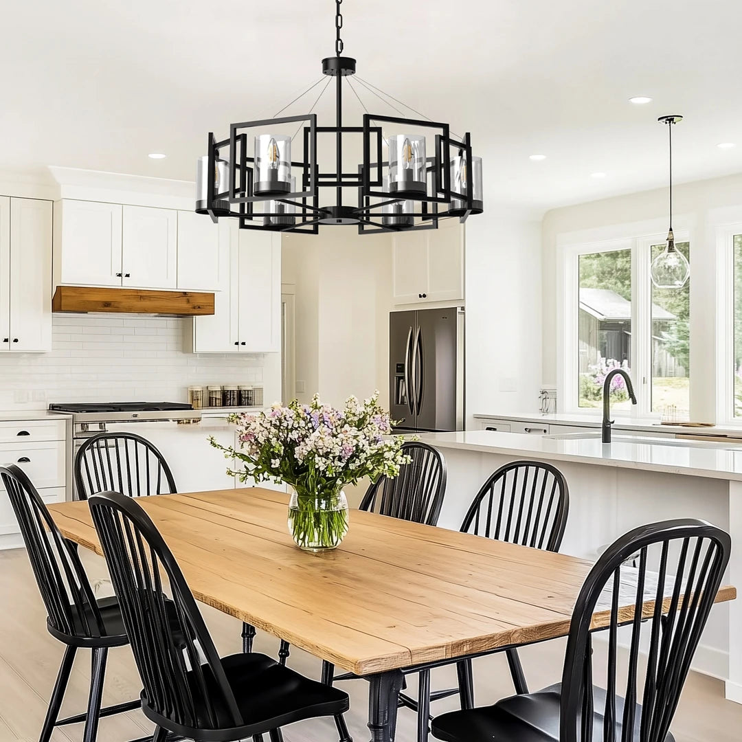 6-Light Industrial Chandelier Matt Black, Farmhouse Ceiling Pendant Lamp with Glass Shades for Dining Room Kitchen Island Foyer