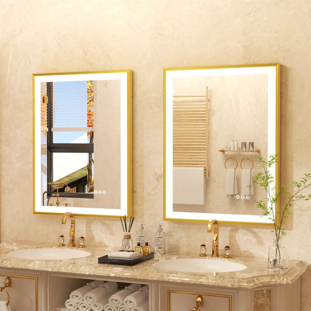 Gold Framed LED Bathroom Mirror Elegant Design with Bright Energy-Efficient Lighting and Clear Reflection
