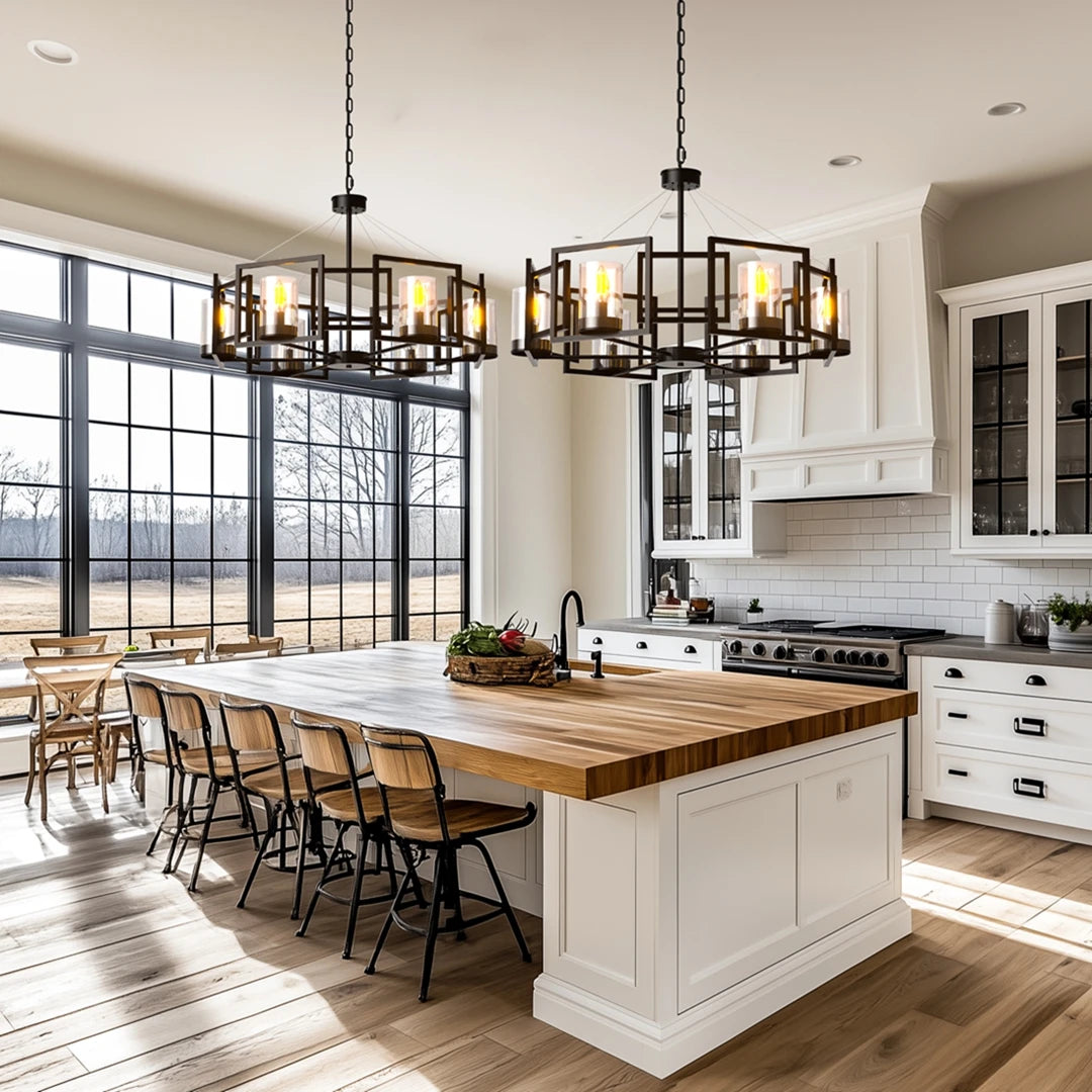 6-Light Industrial Chandelier Matt Black, Farmhouse Ceiling Pendant Lamp with Glass Shades for Dining Room Kitchen Island Foyer