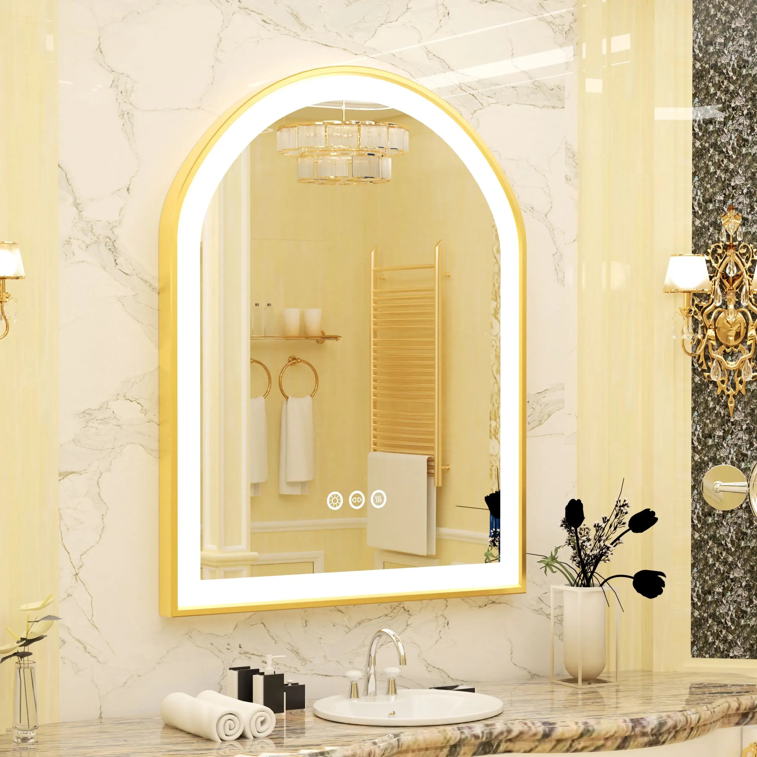 Arched LED Bathroom Mirror Lights with Anti-Fog and Dimmable Features Gold Metal Frame and Memory Function