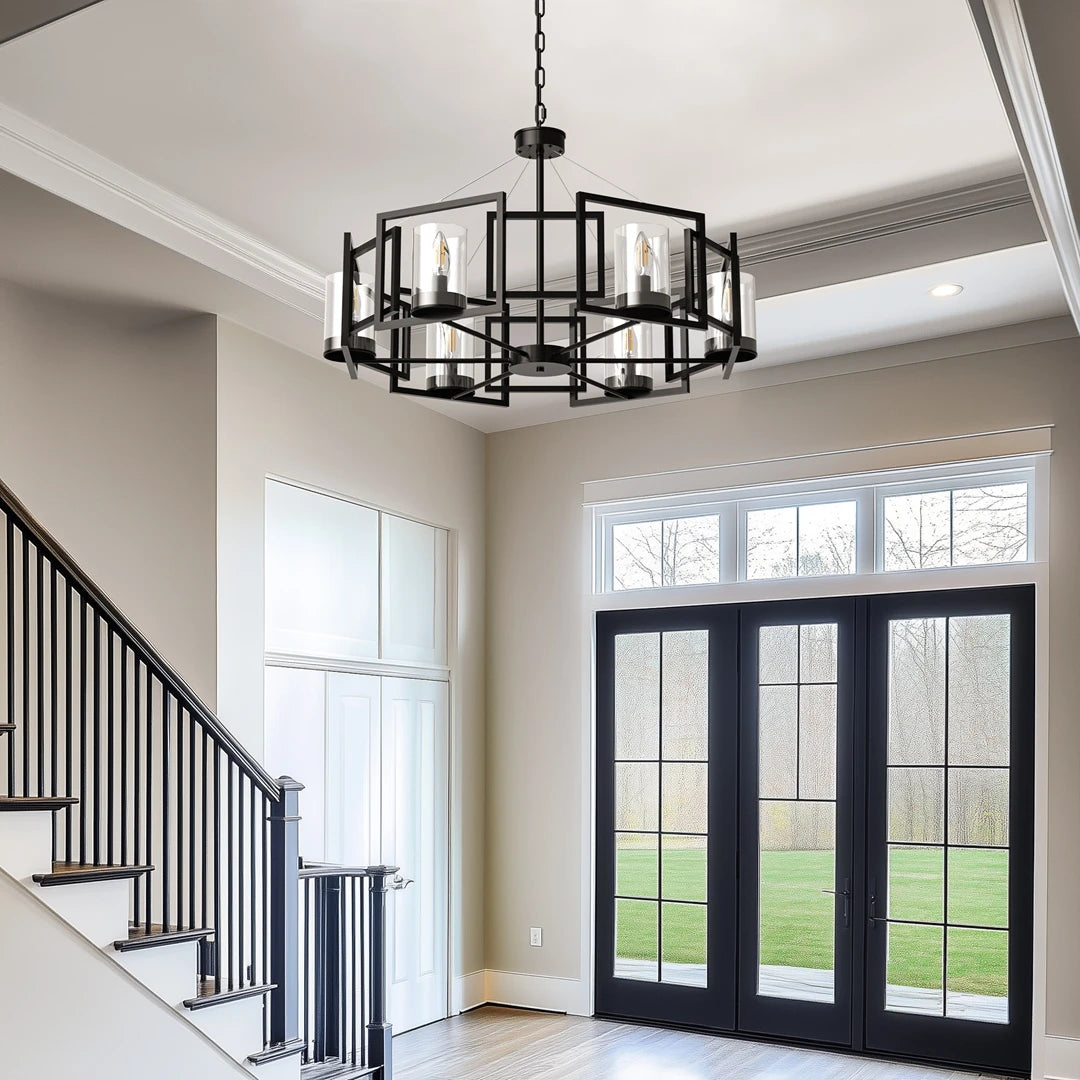 6-Light Industrial Chandelier Matt Black, Farmhouse Ceiling Pendant Lamp with Glass Shades for Dining Room Kitchen Island Foyer