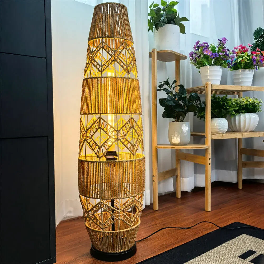 Boho Rattan Floor Lamp Natural Woven Design with Warm Ambient Light for Cozy Bohemian Vibes