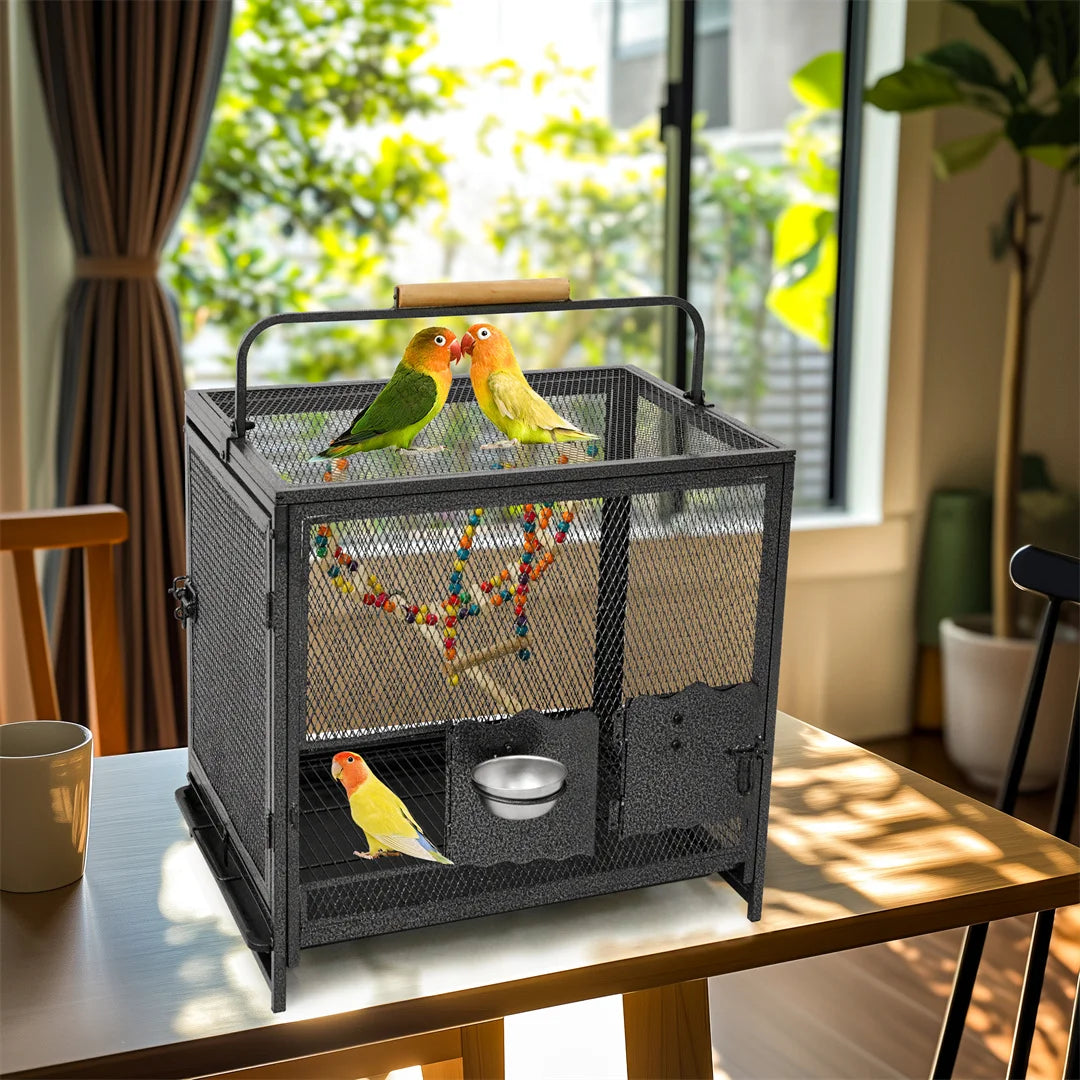 Portable Bird Cage Travel Carrier Cage Playpen with Hammock Toy Removable Tray