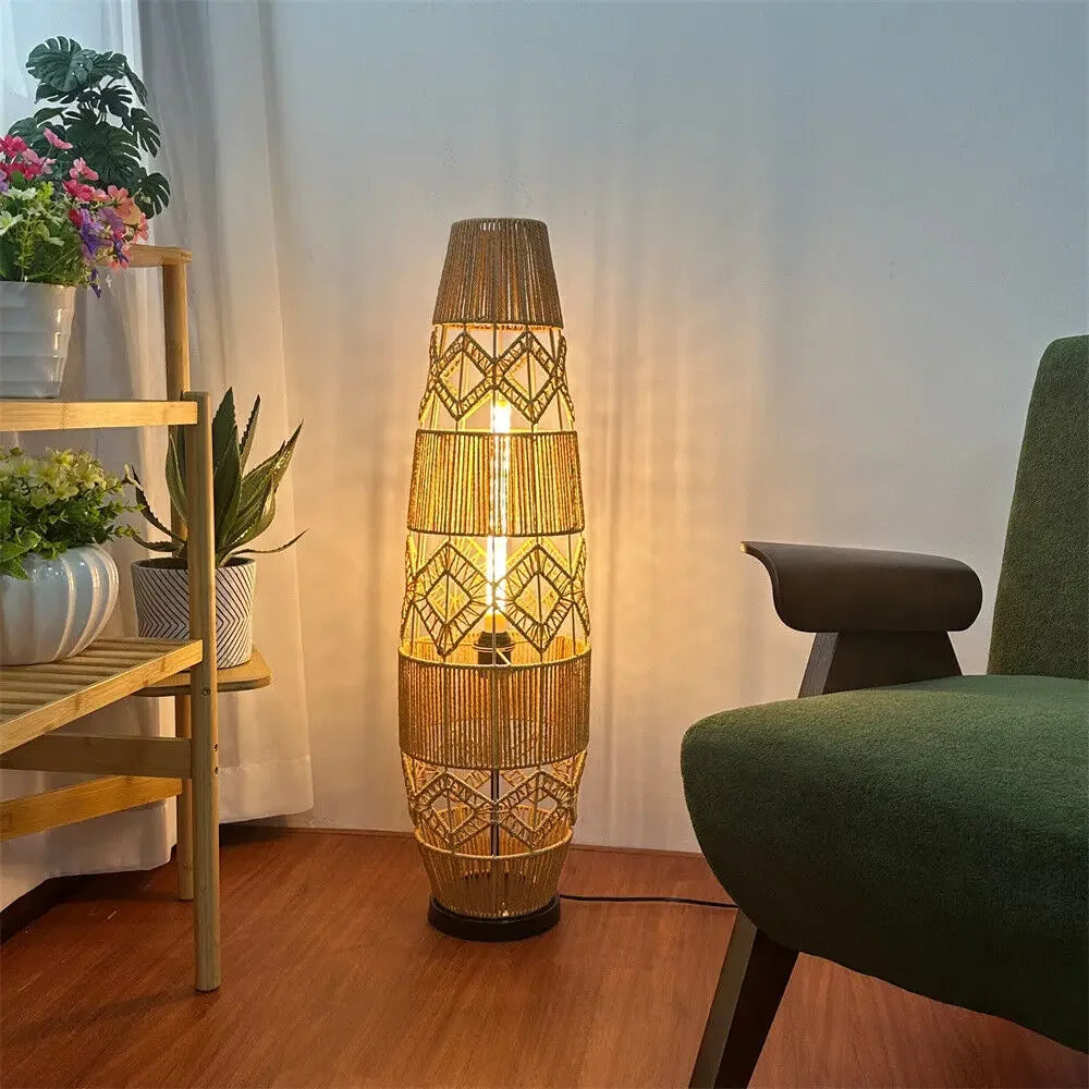 Boho Rattan Floor Lamp Natural Woven Design with Warm Ambient Light for Cozy Bohemian Vibes