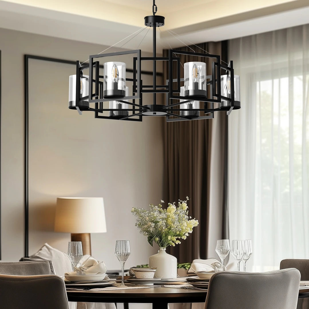 6-Light Industrial Chandelier Matt Black, Farmhouse Ceiling Pendant Lamp with Glass Shades for Dining Room Kitchen Island Foyer