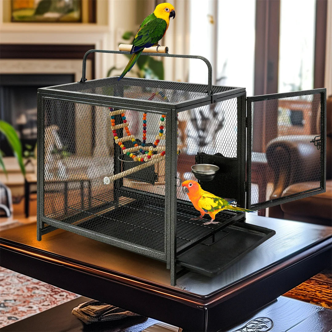 Portable Bird Cage Travel Carrier Cage Playpen with Hammock Toy Removable Tray