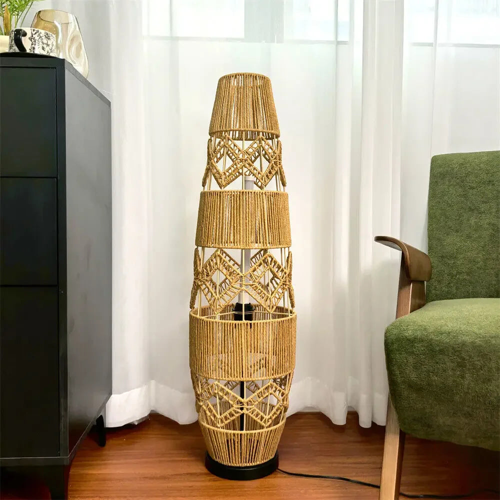 Boho Rattan Floor Lamp Natural Woven Design with Warm Ambient Light for Cozy Bohemian Vibes