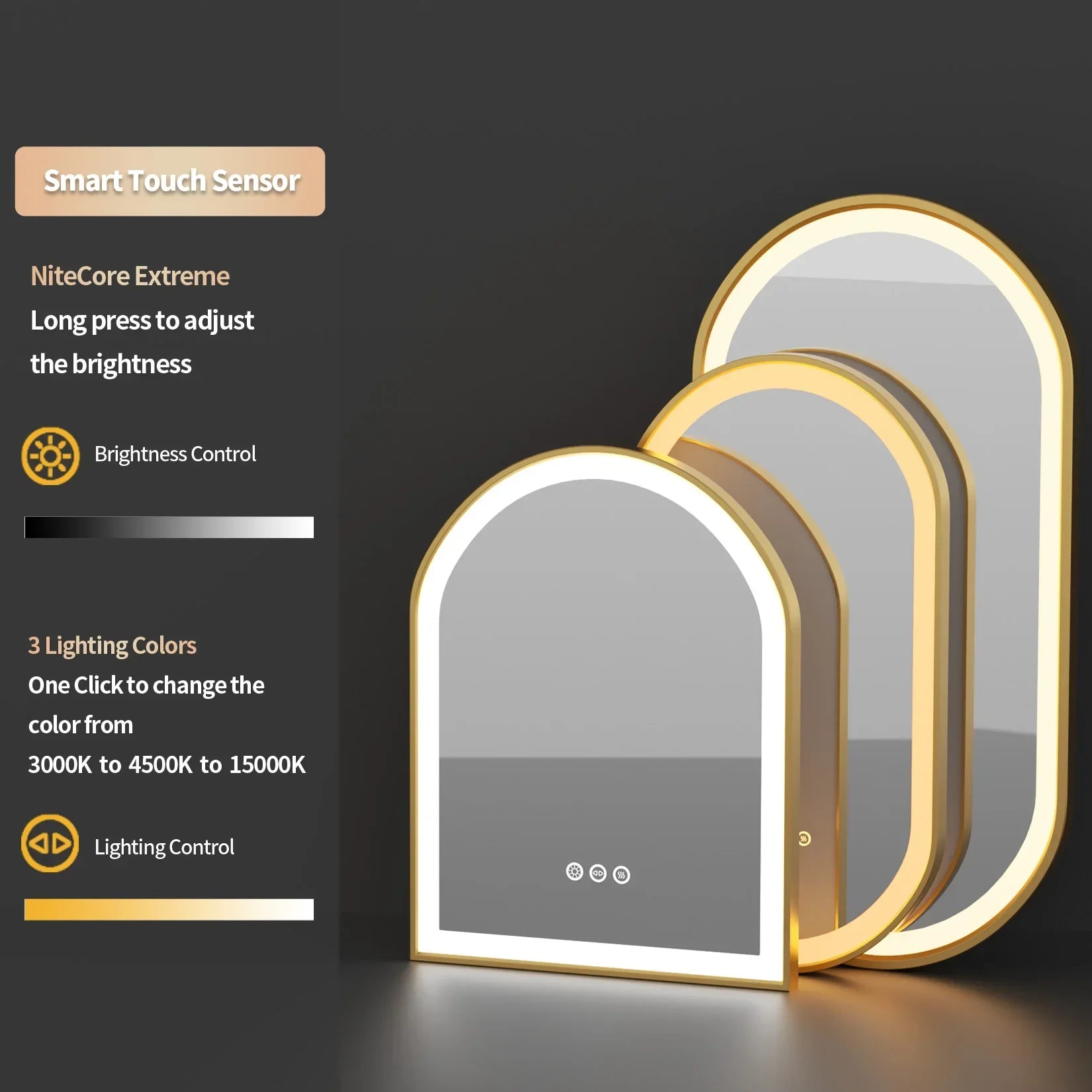 Arched LED Bathroom Mirror Lights with Anti-Fog and Dimmable Features Gold Metal Frame and Memory Function
