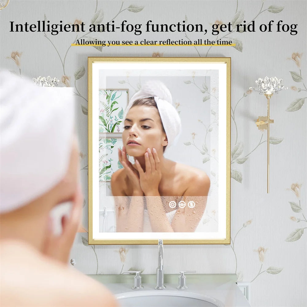 Gold Framed LED Bathroom Mirror Elegant Design with Bright Energy-Efficient Lighting and Clear Reflection