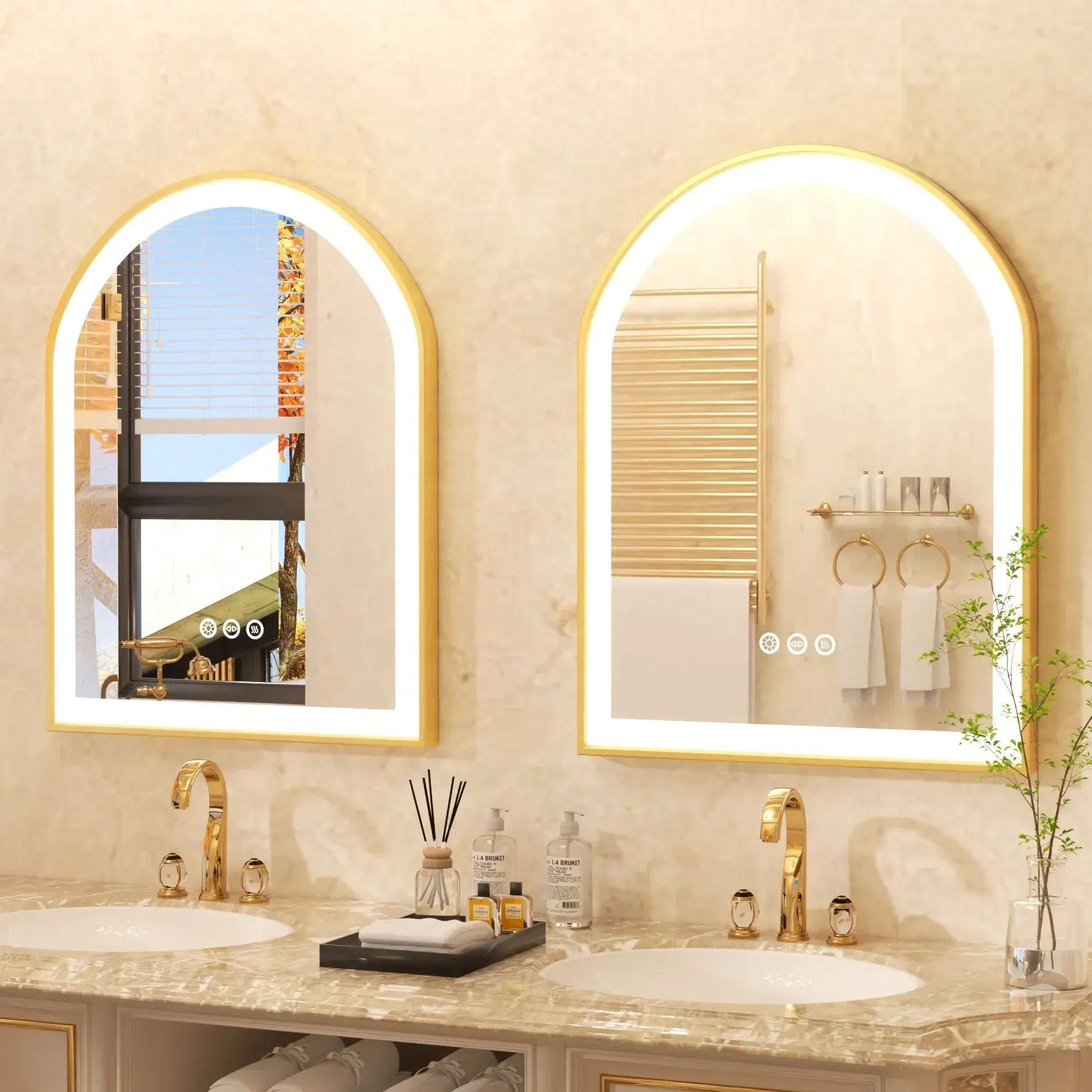 Arched LED Bathroom Mirror Lights with Anti-Fog and Dimmable Features Gold Metal Frame and Memory Function