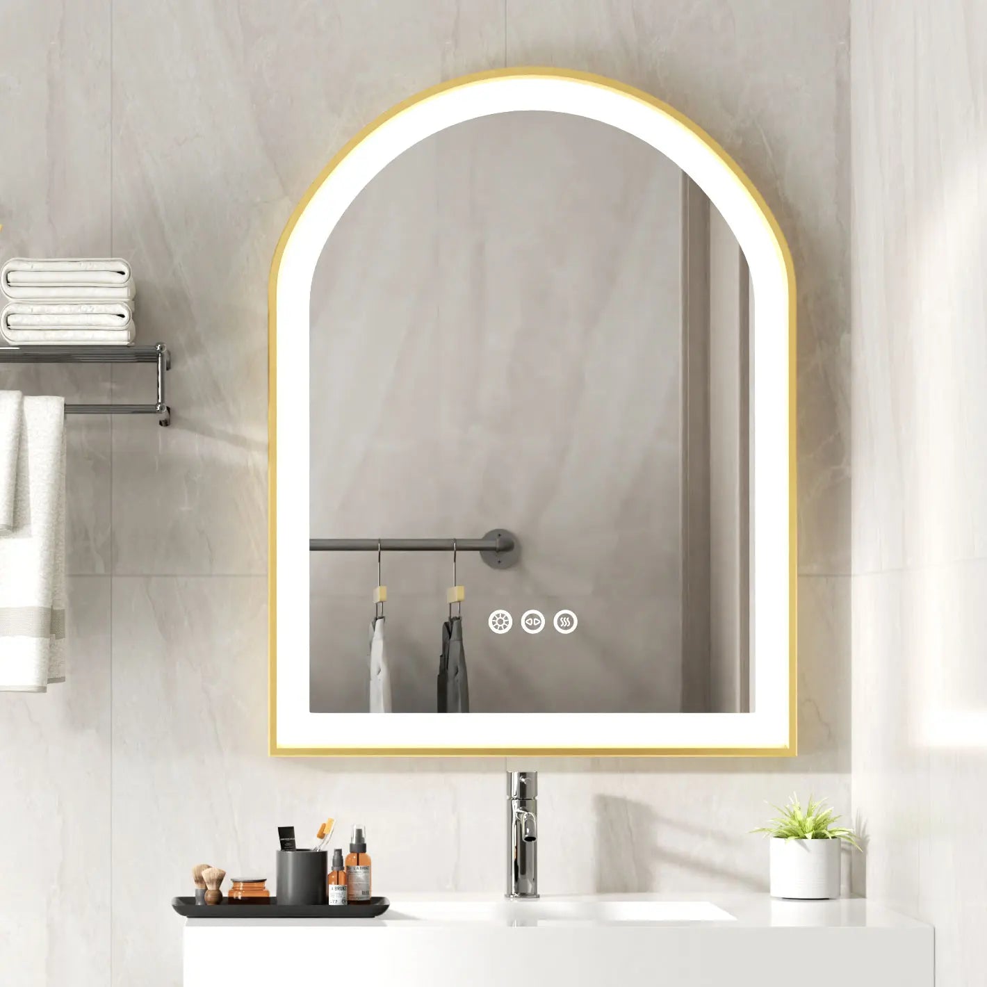 Arched LED Bathroom Mirror Lights with Anti-Fog and Dimmable Features Gold Metal Frame and Memory Function