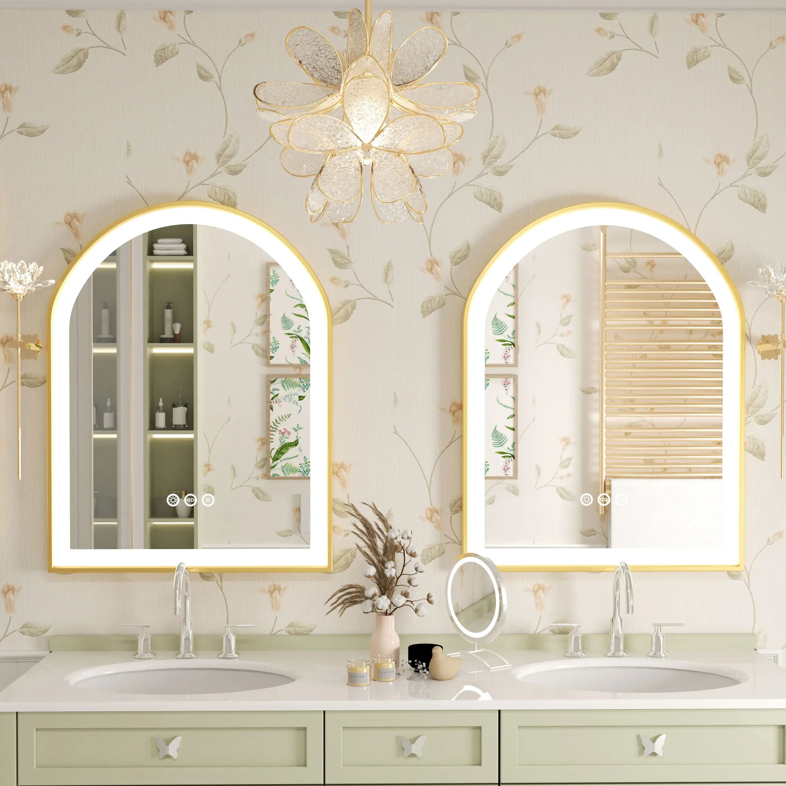 Arched LED Bathroom Mirror Lights with Anti-Fog and Dimmable Features Gold Metal Frame and Memory Function