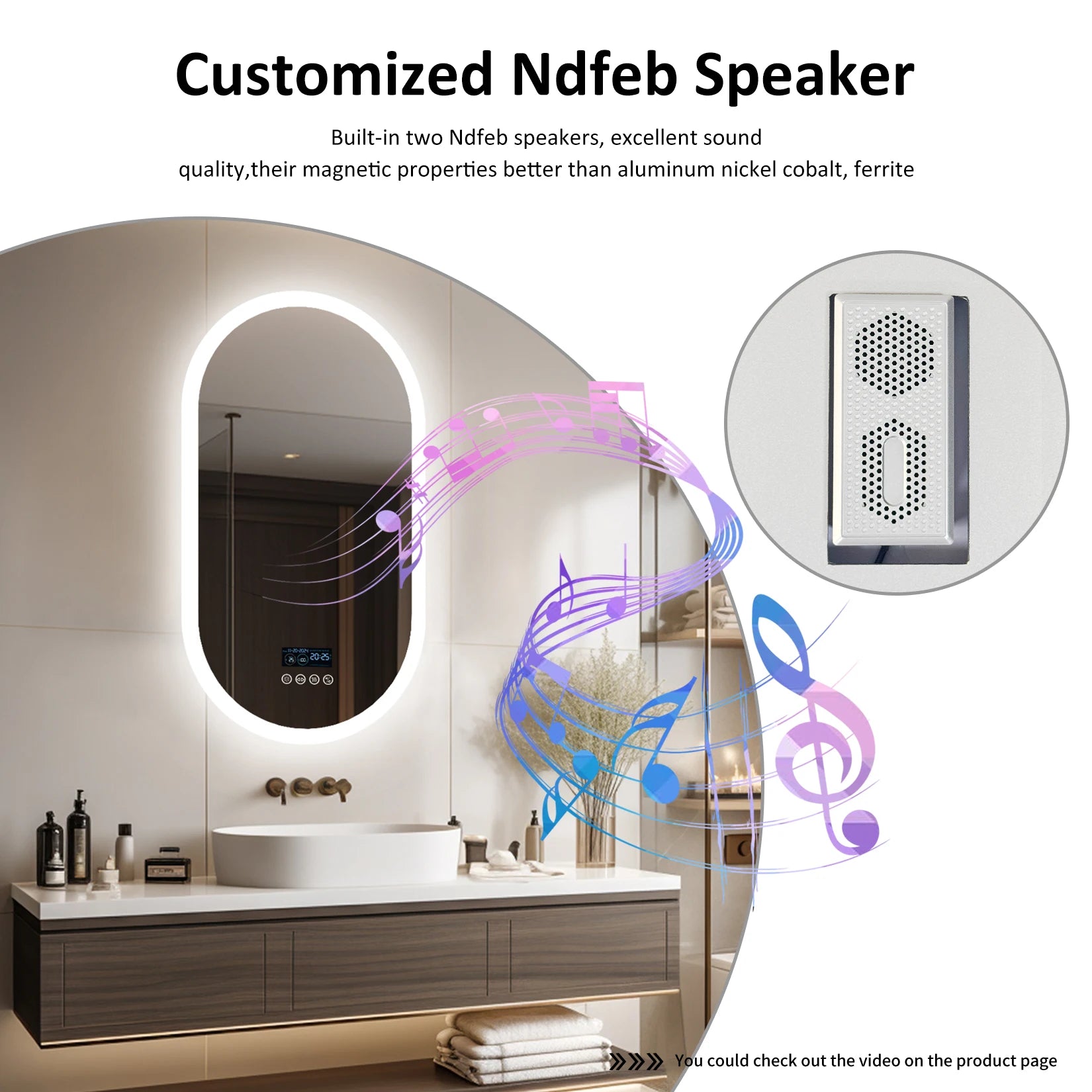 Bluetooth Vanity Mirror with Built-In Speakers, Touch Controls, and Adjustable LED Lighting