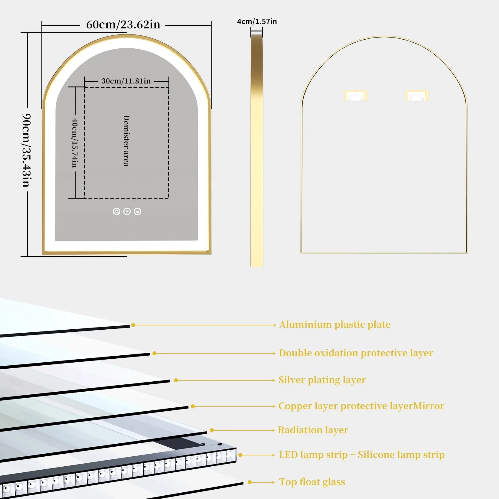 Arched LED Bathroom Mirror Lights with Anti-Fog and Dimmable Features Gold Metal Frame and Memory Function