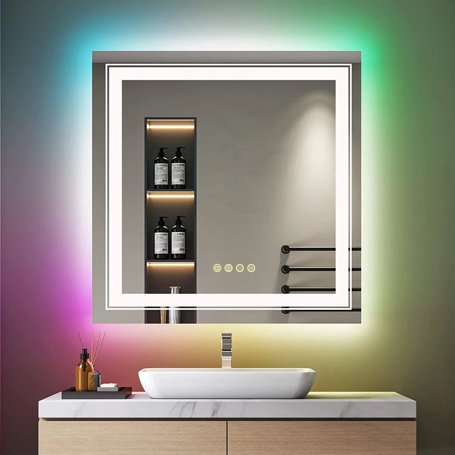 RGB Smart Vanity Mirror with Adjustable Color Lighting, Touch Controls, and Anti-Fog Technology