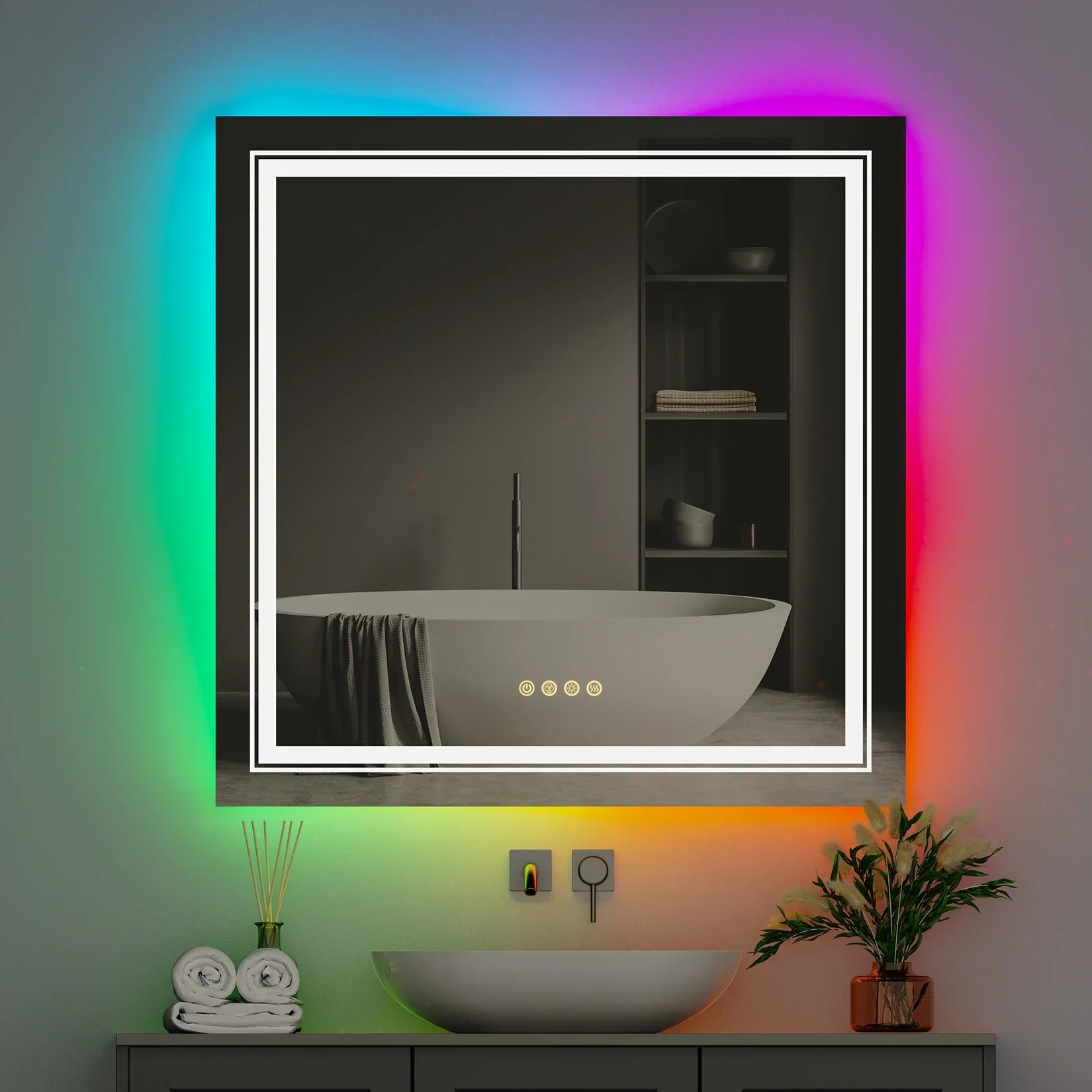 RGB Smart Vanity Mirror with Adjustable Color Lighting, Touch Controls, and Anti-Fog Technology