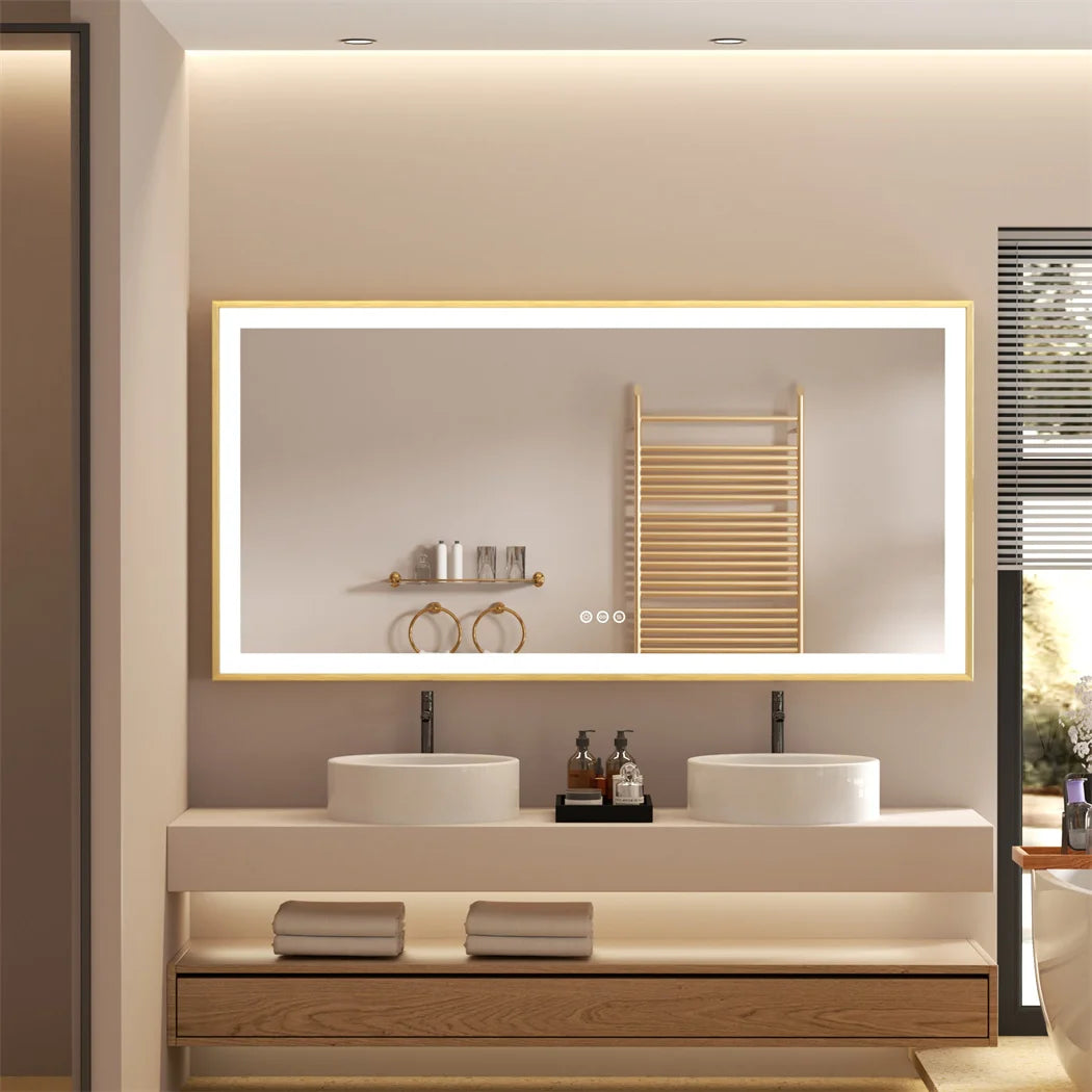 Gold Framed LED Bathroom Mirror Elegant Design with Bright Energy-Efficient Lighting and Clear Reflection