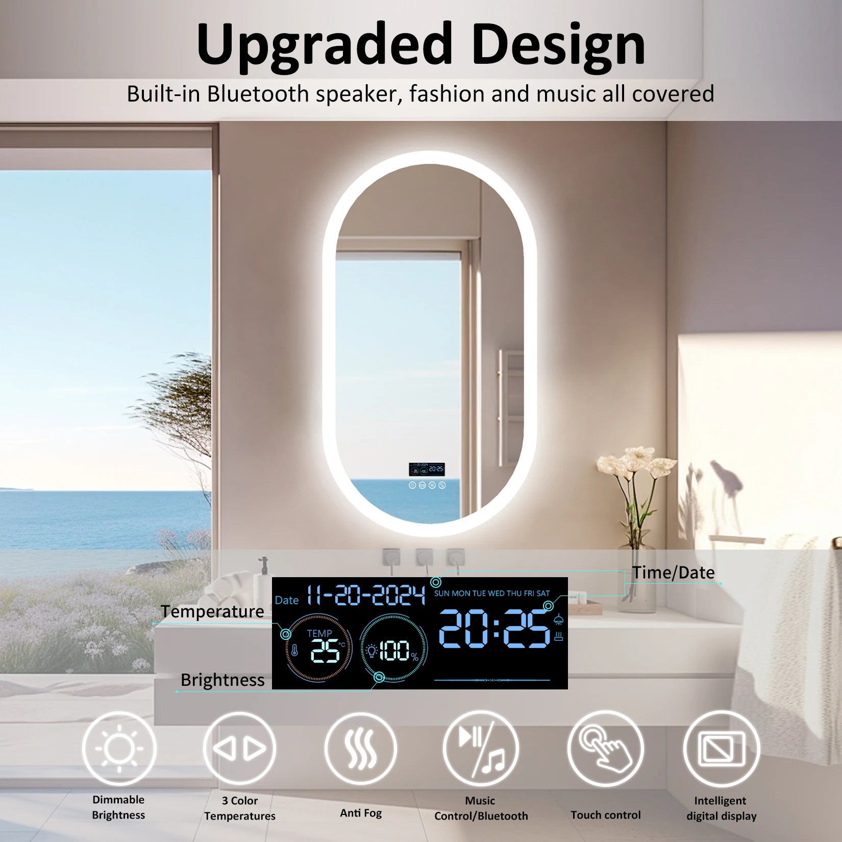 Bluetooth Vanity Mirror with Built-In Speakers, Touch Controls, and Adjustable LED Lighting