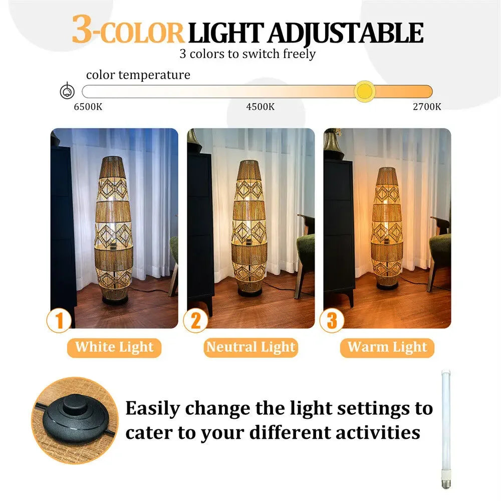 Boho Rattan Floor Lamp Natural Woven Design with Warm Ambient Light for Cozy Bohemian Vibes