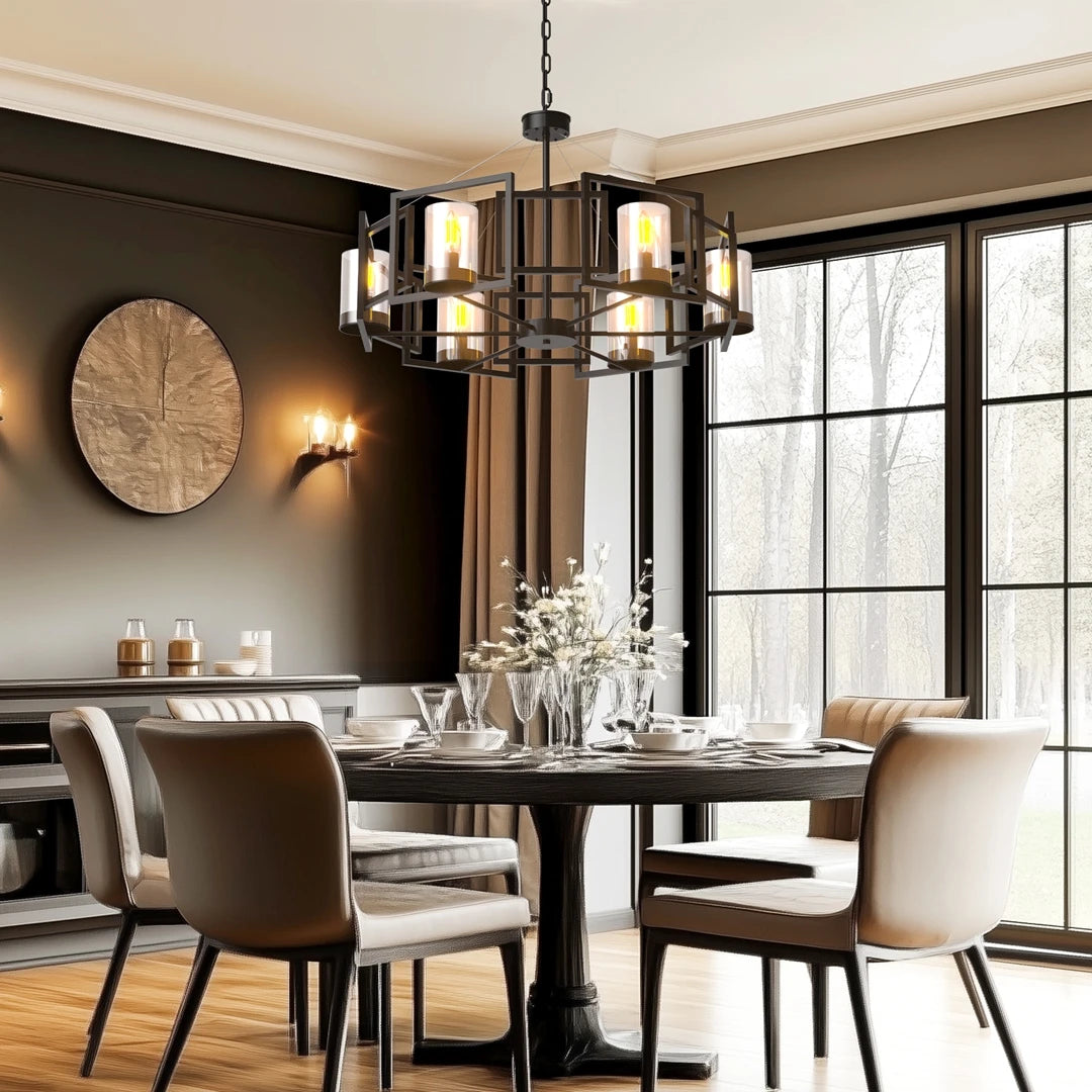 6-Light Industrial Chandelier Matt Black, Farmhouse Ceiling Pendant Lamp with Glass Shades for Dining Room Kitchen Island Foyer