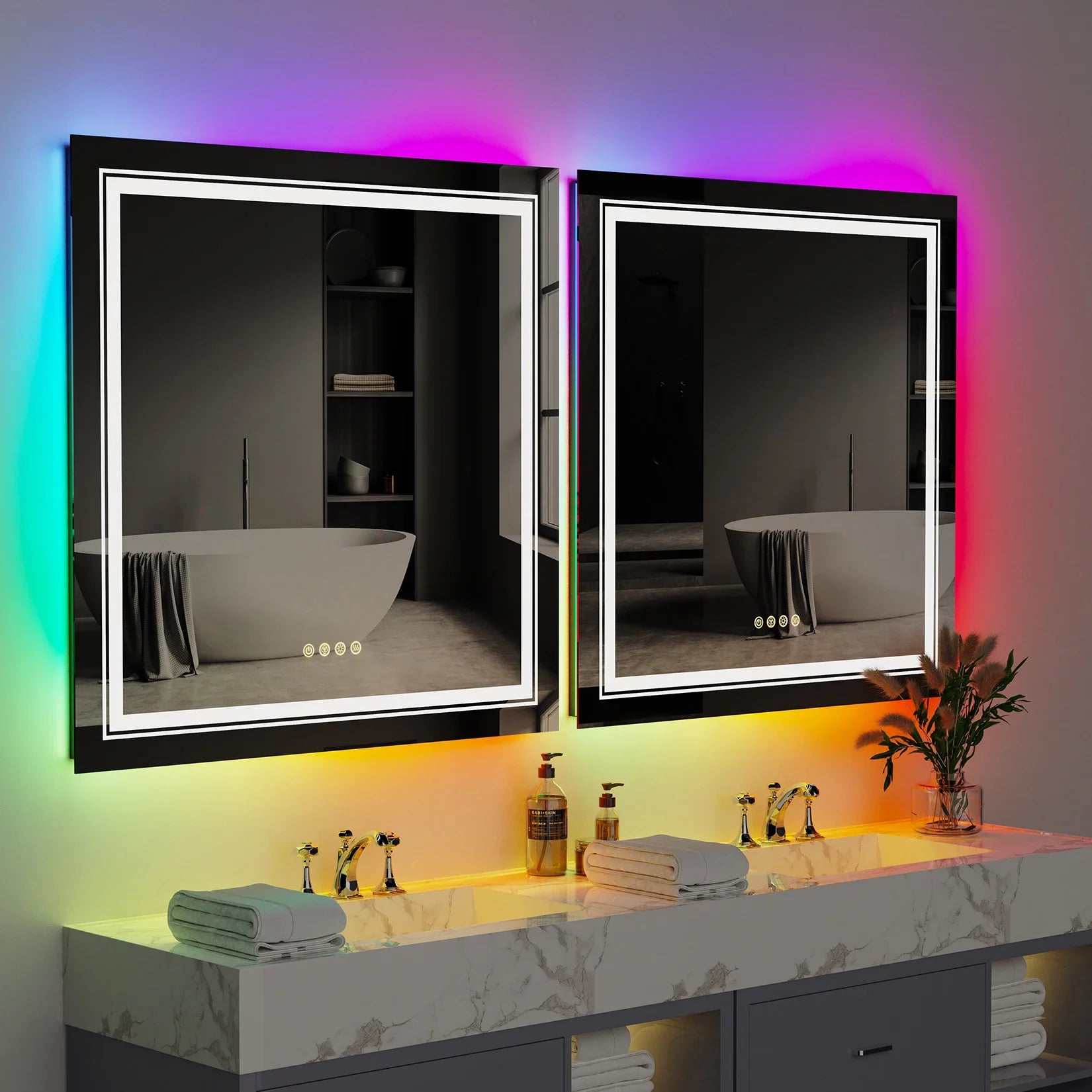 RGB Smart Vanity Mirror with Adjustable Color Lighting, Touch Controls, and Anti-Fog Technology