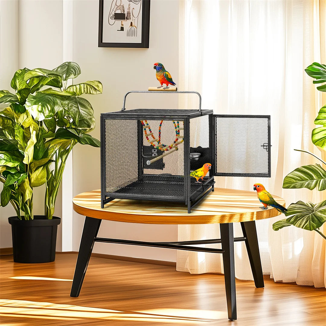 Portable Bird Cage Travel Carrier Cage Playpen with Hammock Toy Removable Tray