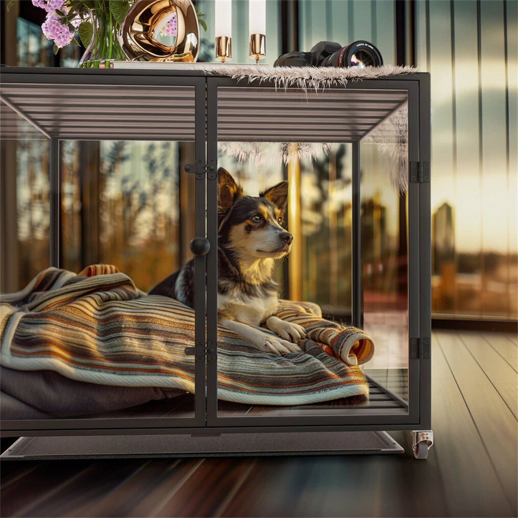Heavy-Duty iron Dog Pet Cage Dog Crate Furniture with Dual Door & Removable Tray