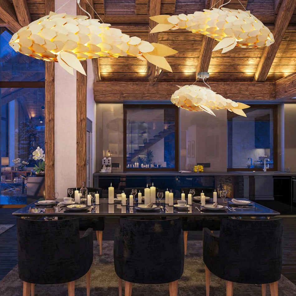 Fish Wood Pendant Lamp Rustic Handmade Wooden Light Fixture with Nautical Design