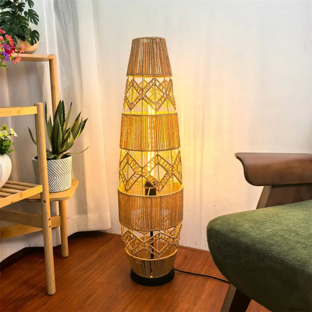 Boho Rattan Floor Lamp Natural Woven Design with Warm Ambient Light for Cozy Bohemian Vibes