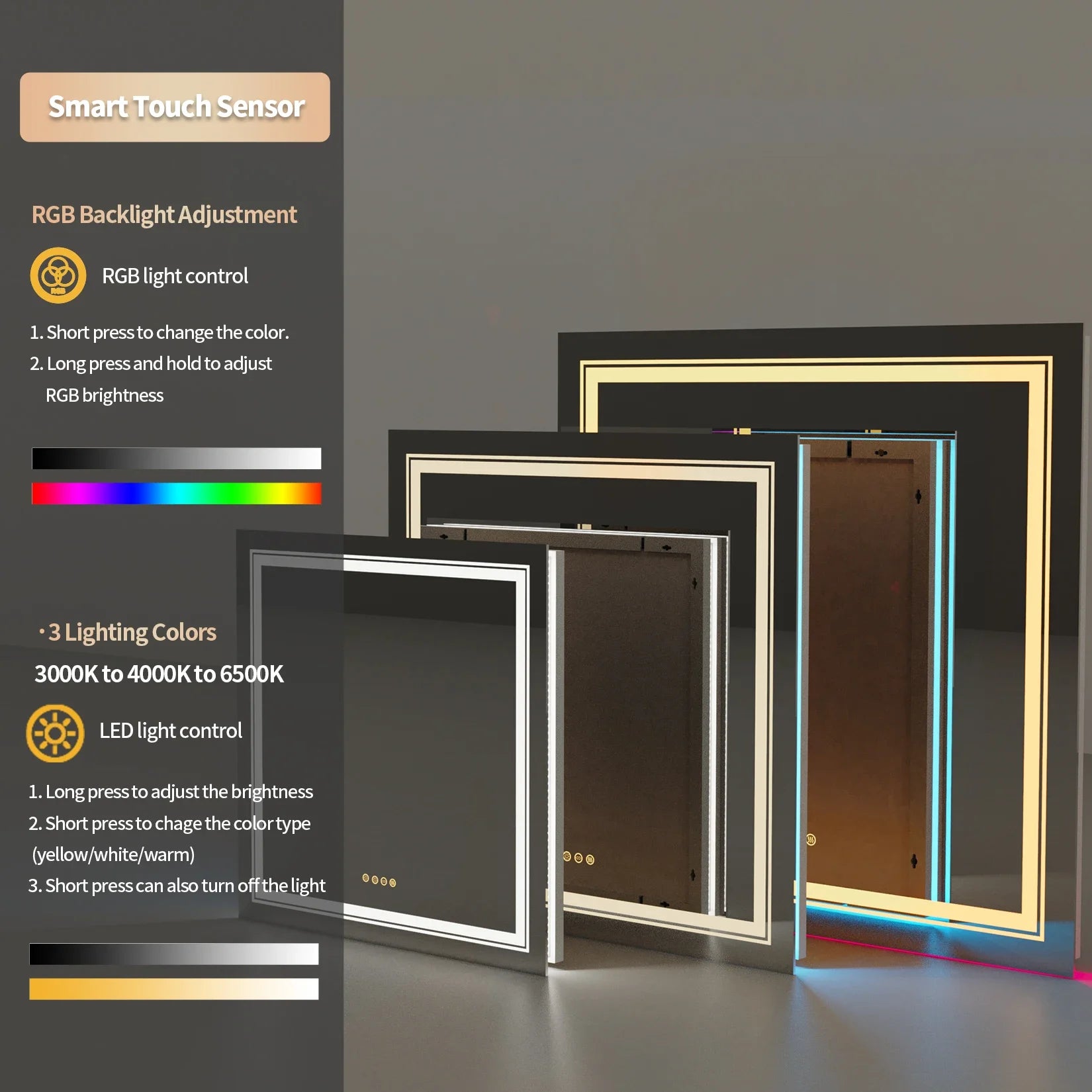 RGB Smart Vanity Mirror with Adjustable Color Lighting, Touch Controls, and Anti-Fog Technology