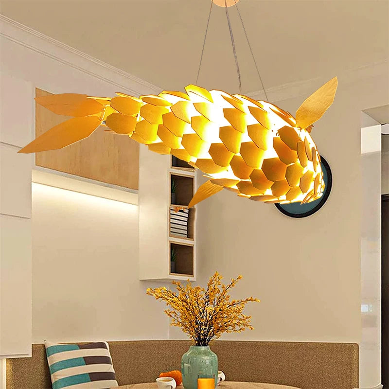 Fish Wood Pendant Lamp Rustic Handmade Wooden Light Fixture with Nautical Design