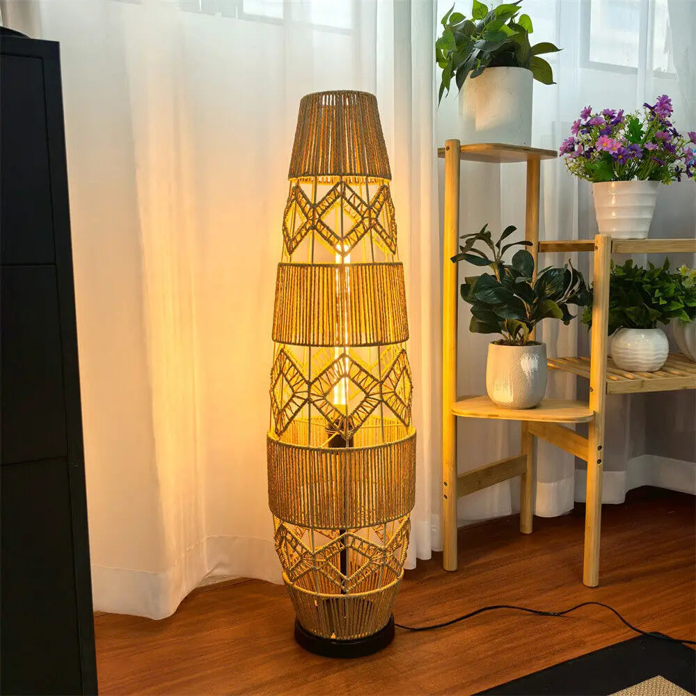 Boho Rattan Floor Lamp Natural Woven Design with Warm Ambient Light for Cozy Bohemian Vibes