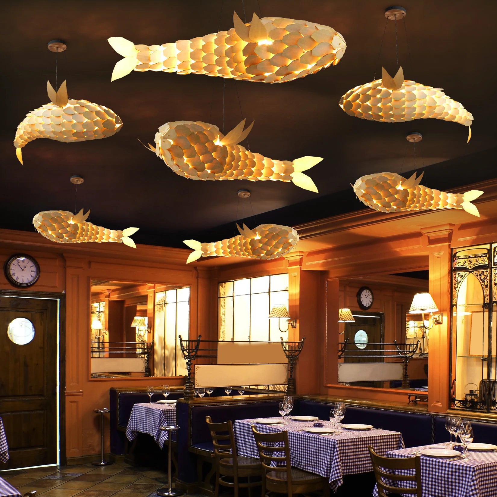 Fish Wood Pendant Lamp Rustic Handmade Wooden Light Fixture with Nautical Design